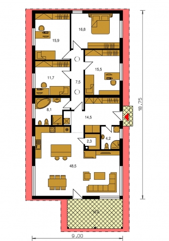 Spiegelverkehrter Entwurf | Grundriss des Erdgeschosses - BUNGALOW 175